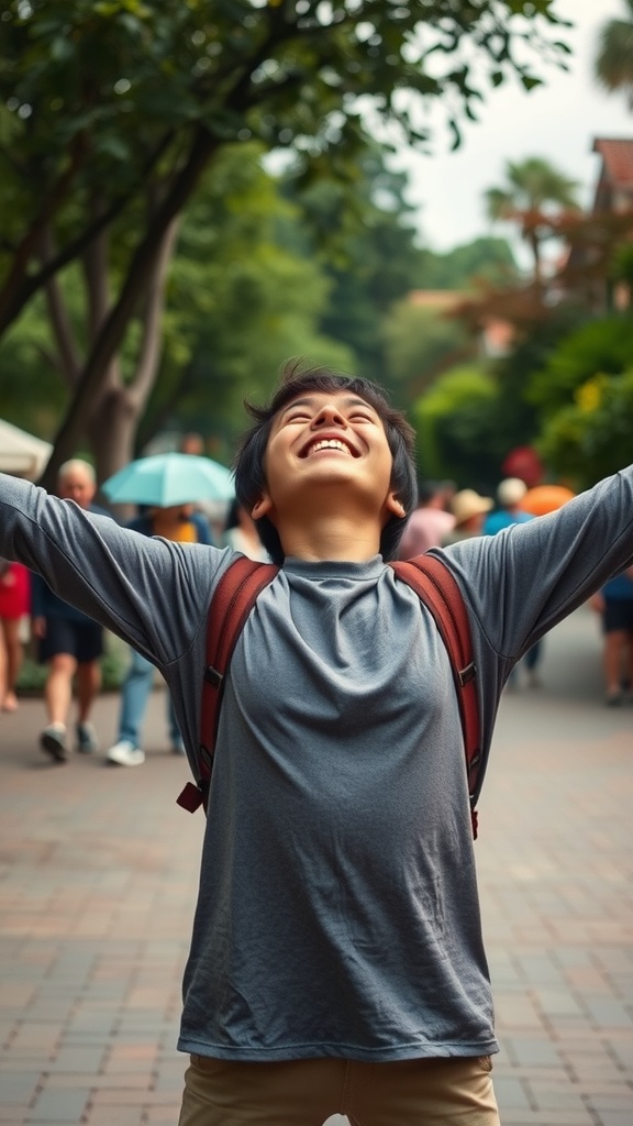 A young person smiling widely with arms raised, embodying joy and youthfulness, set against a lively background.