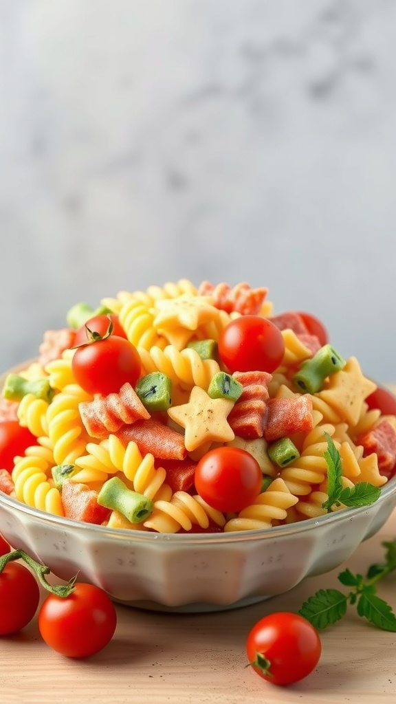 A colorful bowl of fun pasta salad with cherry tomatoes and star-shaped noodles.