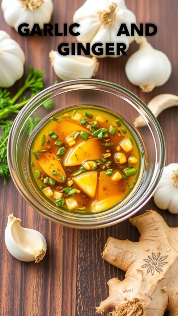 A bowl of garlic and ginger marinade surrounded by garlic and ginger roots.