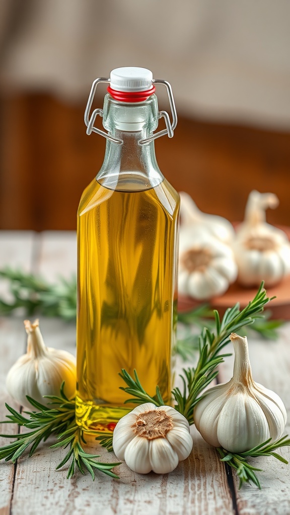 A clear bottle of garlic and rosemary infused olive oil with garlic cloves and rosemary sprigs around it.