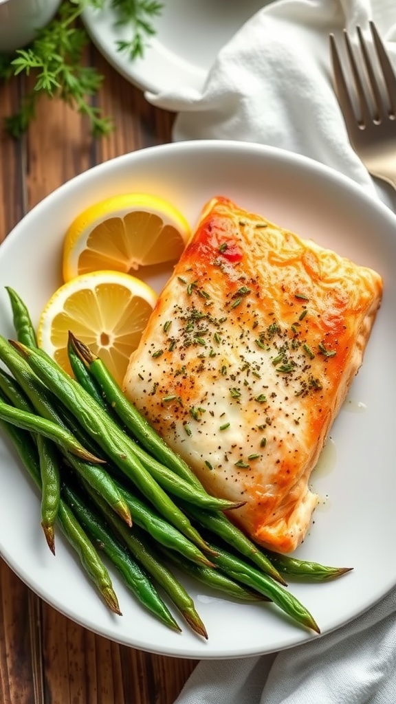 A plate of garlic butter baked salmon with green beans and lemon slices.