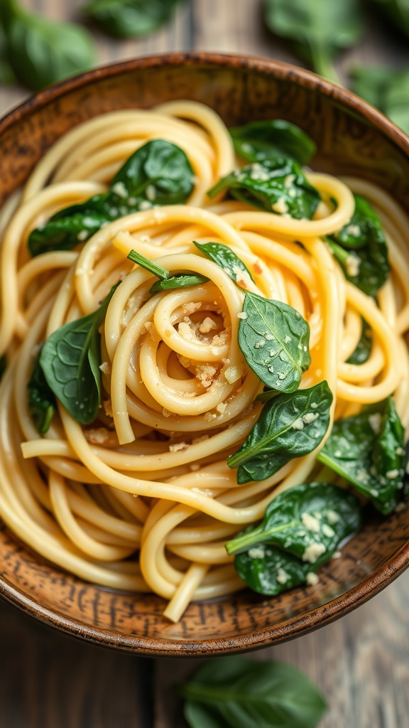 A bowl of garlic butter pasta with spinach leaves on top.