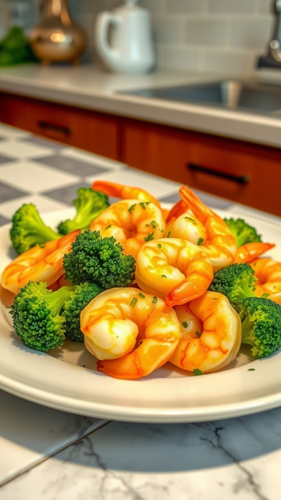 A plate of garlic butter shrimp served with broccoli.