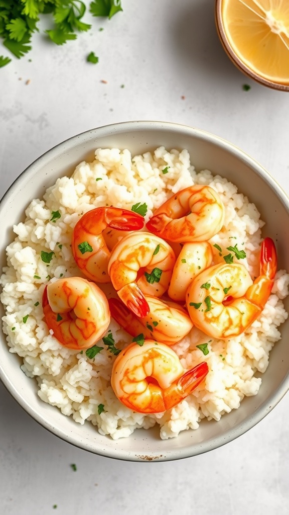 A bowl of garlic butter shrimp served over fluffy white rice, garnished with parsley.