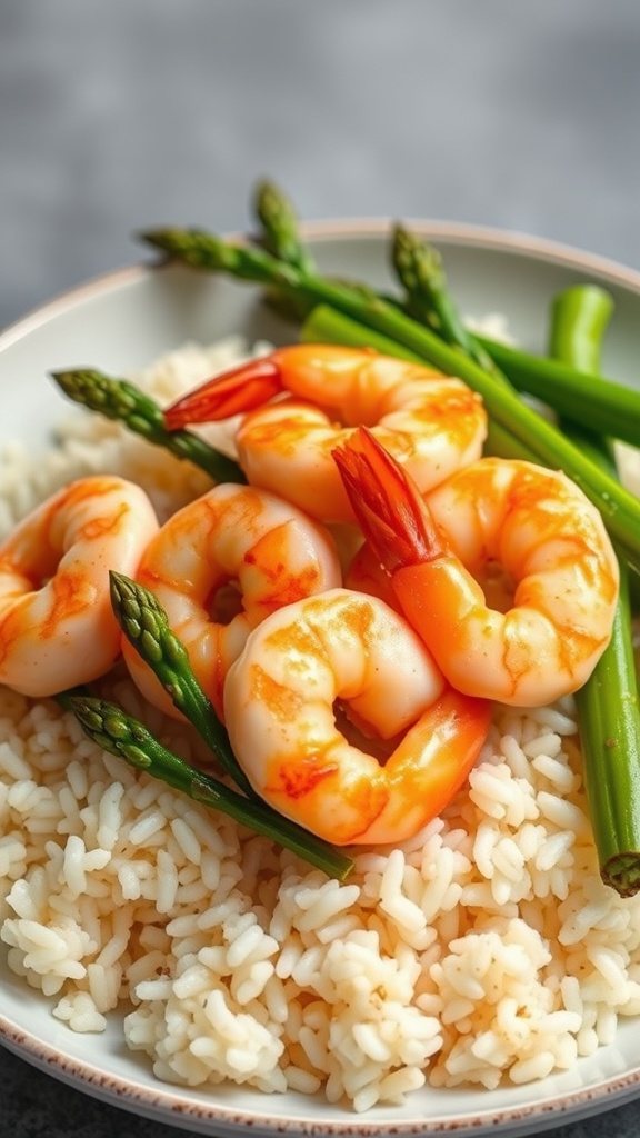 A plate of garlic butter shrimp with asparagus served over rice.