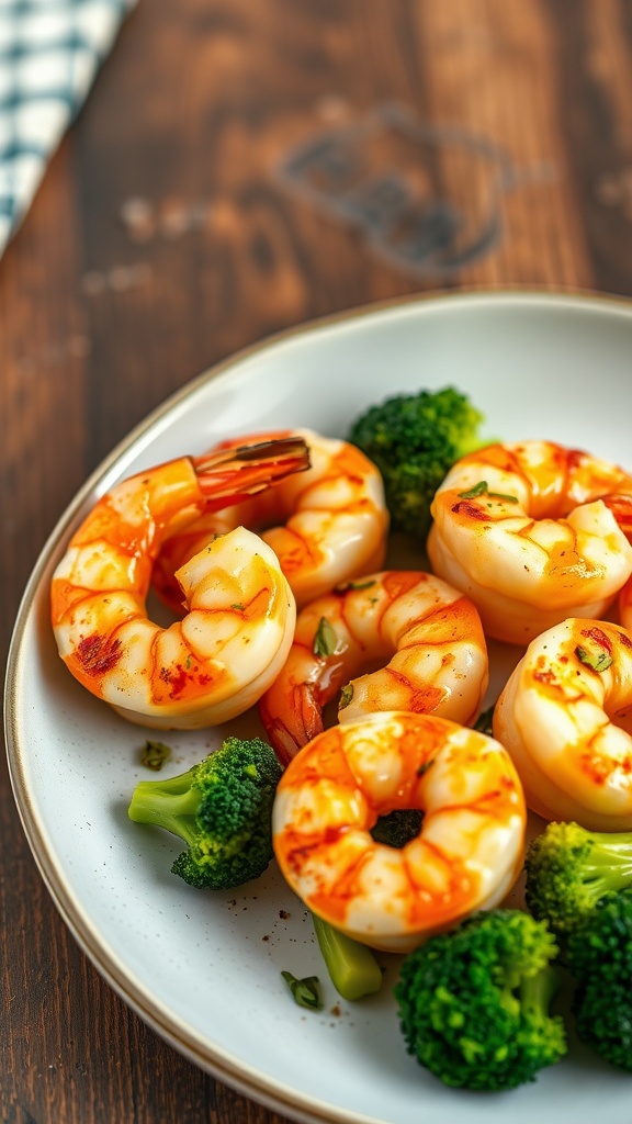 A plate of garlic butter shrimp with broccoli.