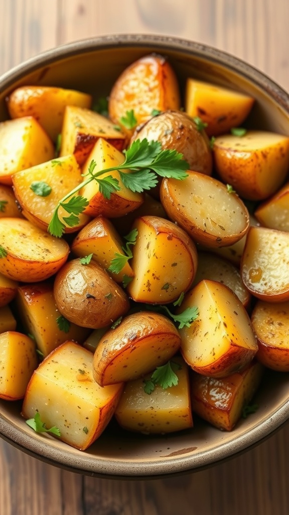 A bowl of garlic herb roasted potatoes, garnished with fresh herbs.