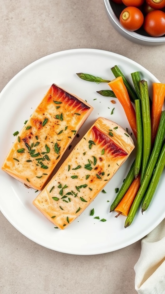 Garlic herb salmon fillets served with vegetables