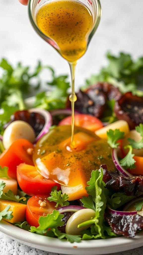 Homemade garlic herb vinaigrette being drizzled over a fresh salad