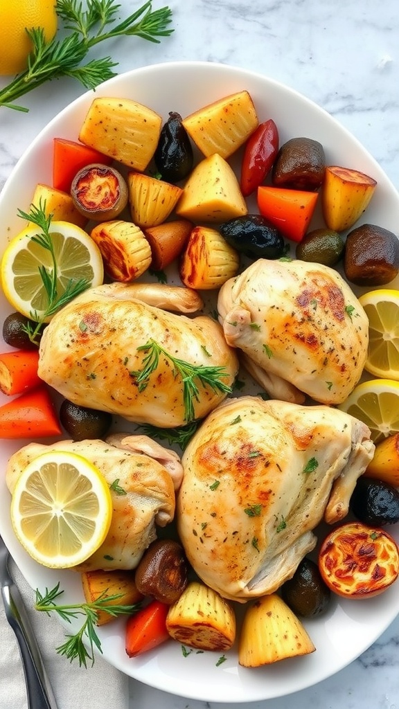 Garlic lemon roasted chicken thighs with vegetables