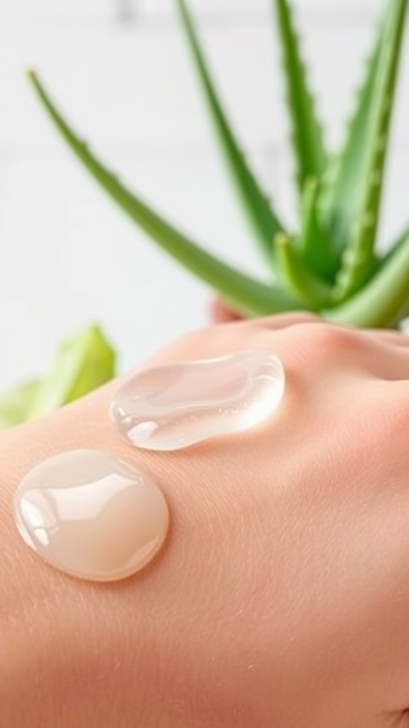 A hand with two drops of aloe vera gel, accompanied by fresh aloe vera leaves.
