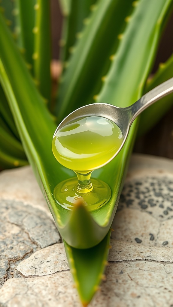 A spoonful of green aloe vera gel resting on an aloe leaf, with more aloe leaves in the background.