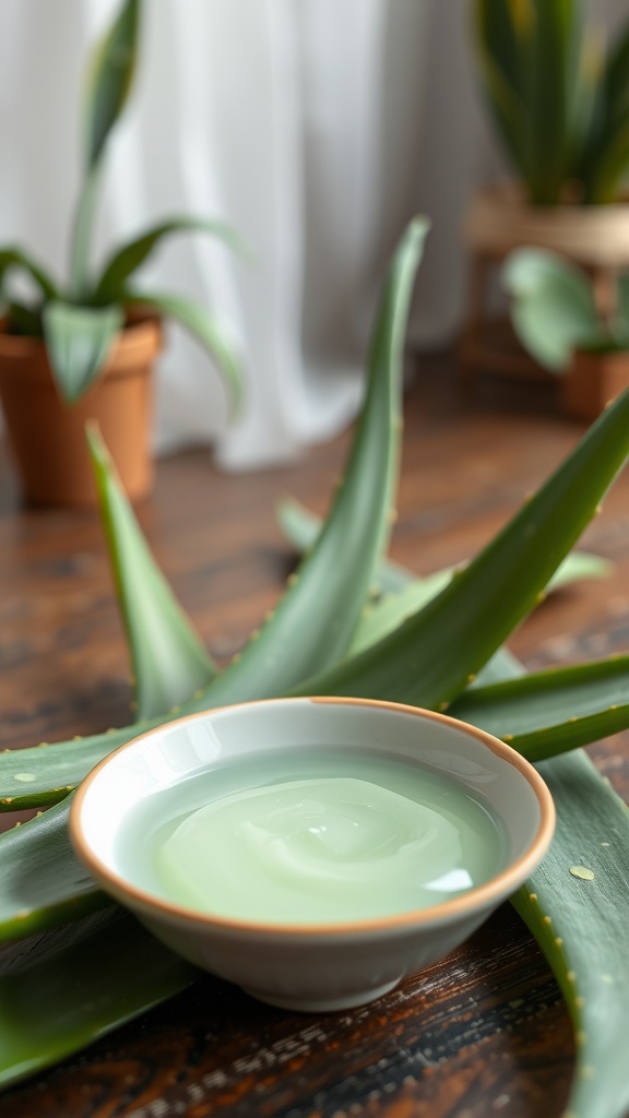A bowl of aloe vera gel placed on a wooden surface, surrounded by fresh aloe vera leaves and plants.