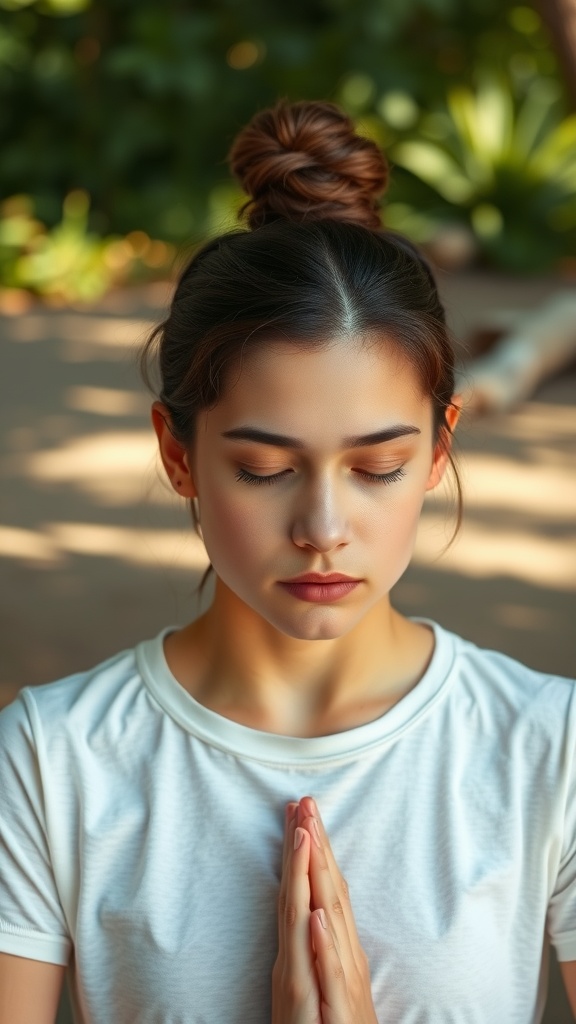 A woman practicing face yoga with her hands pressed together and eyes closed, promoting relaxation and mindfulness.