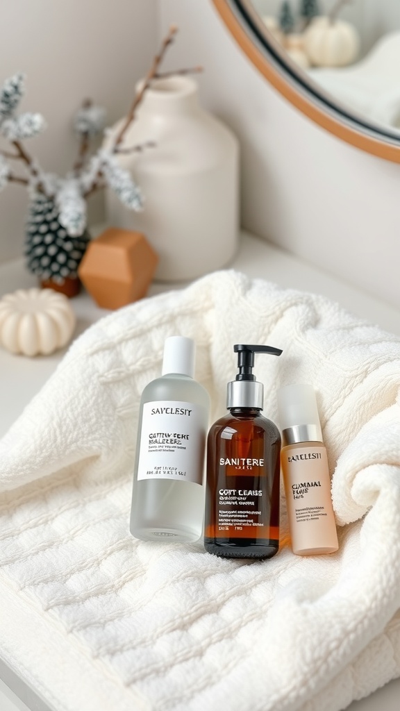 A collection of three gentle skincare cleansers on a white towel with soft decor elements