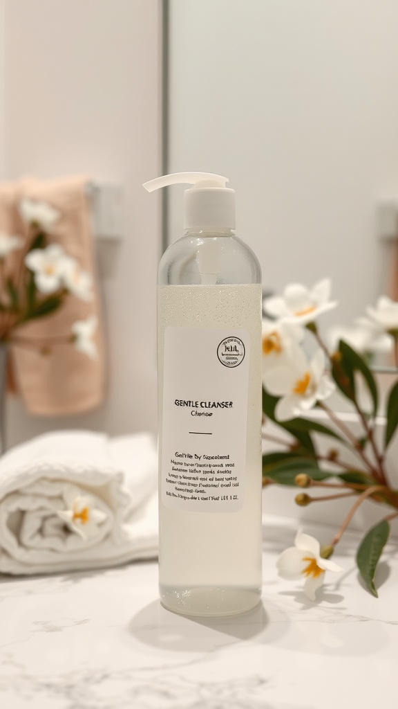 A bottle of gentle cleanser with a simple design, surrounded by a soft towel and flowers.