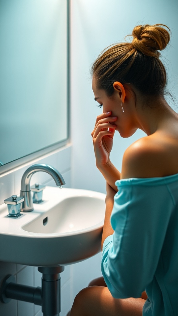 A woman with her hair in a bun, sitting near a sink in a bathroom, looking thoughtful while preparing for her skincare routine.