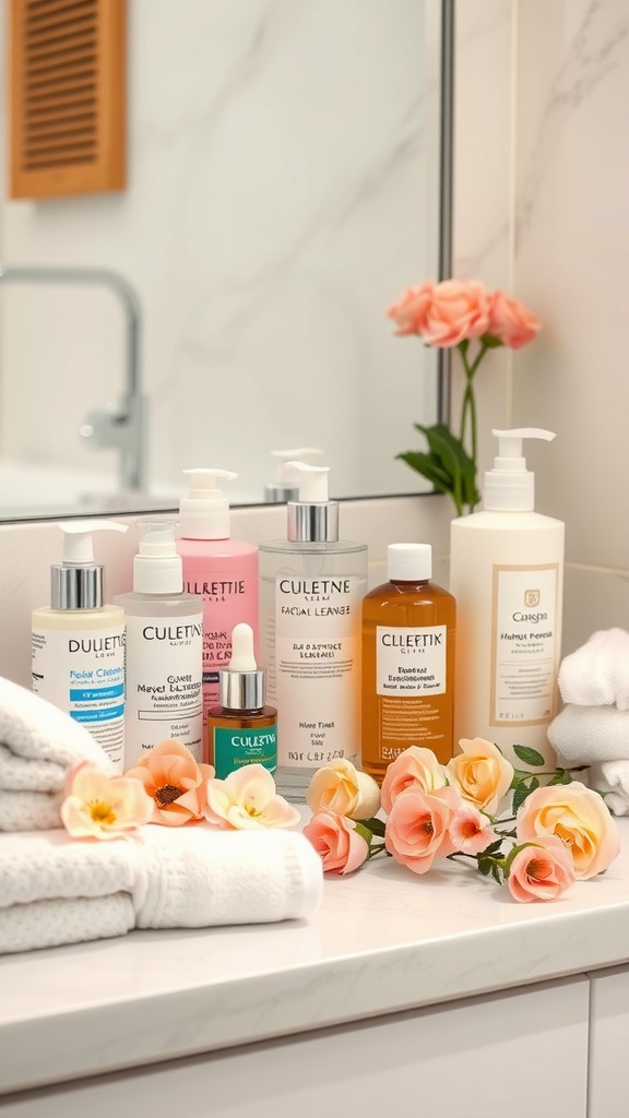 A collection of skincare products arranged on a bathroom counter, featuring gentle cleansers, serums, and fresh flowers, creating a soothing and inviting atmosphere.