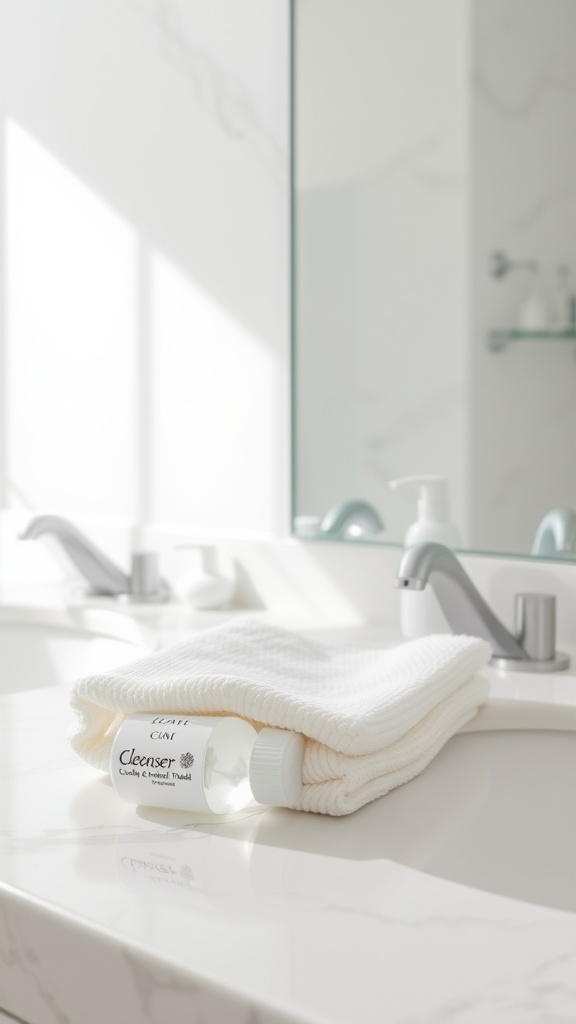A bottle of gentle cleanser resting on a white towel in a bright bathroom setting.
