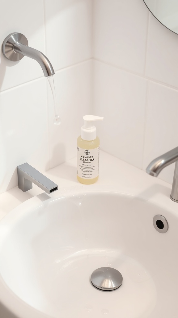 A clean sink with running water and a gentle cleanser bottle for morning skincare routine.