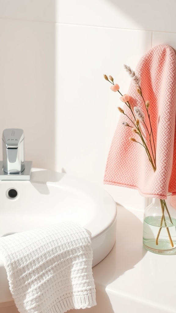 A serene bathroom scene featuring a white washcloth and a pink towel by the sink, with a vase of flowers, creating a calming atmosphere for nighttime skincare.