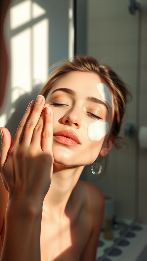 A person gently applying a skincare product to their face in a softly lit room