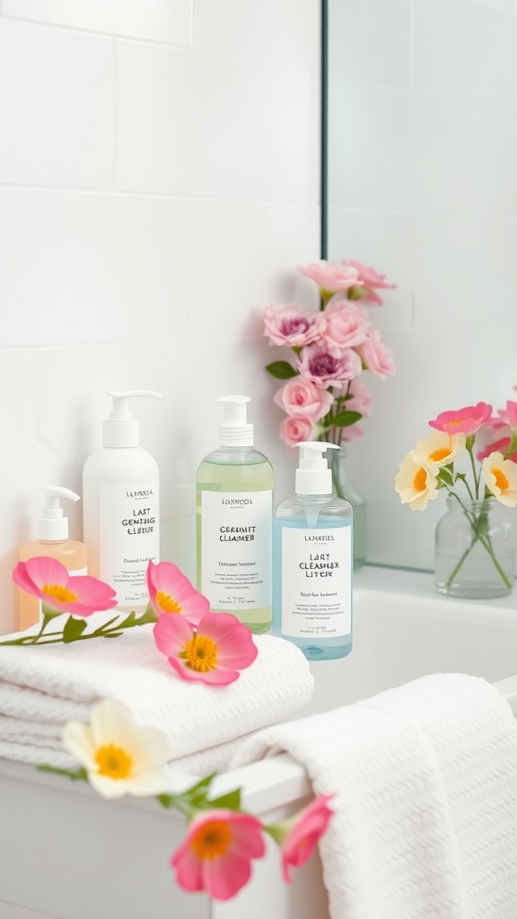 A serene bathroom scene featuring gentle skin cleansers, soft towels, and fresh flowers.