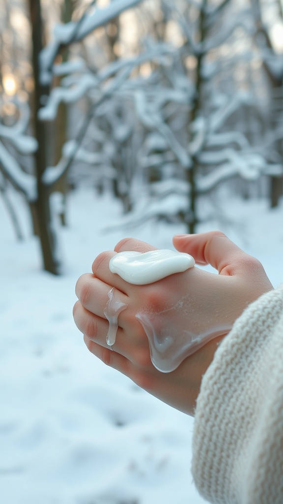 A hand applying creamy moisturizer in a snowy background