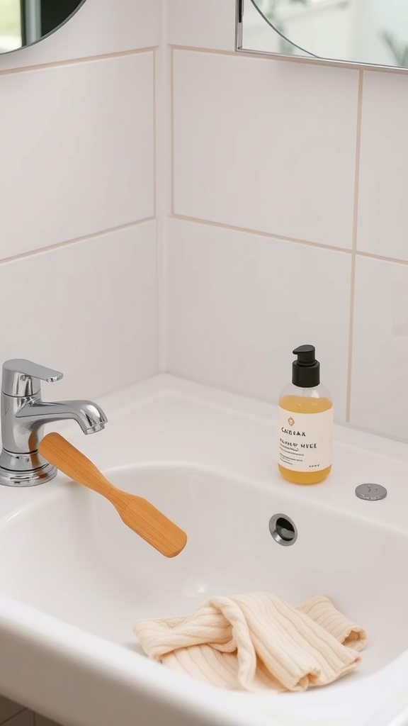 A serene bathroom sink with a gentle cleanser and a soft cloth, emphasizing gentle cleansing methods.