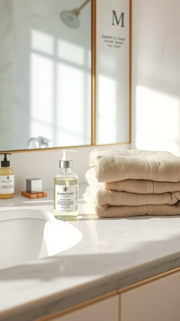 A cozy bathroom scene with a gentle cleanser and neatly stacked towels on a marble countertop.