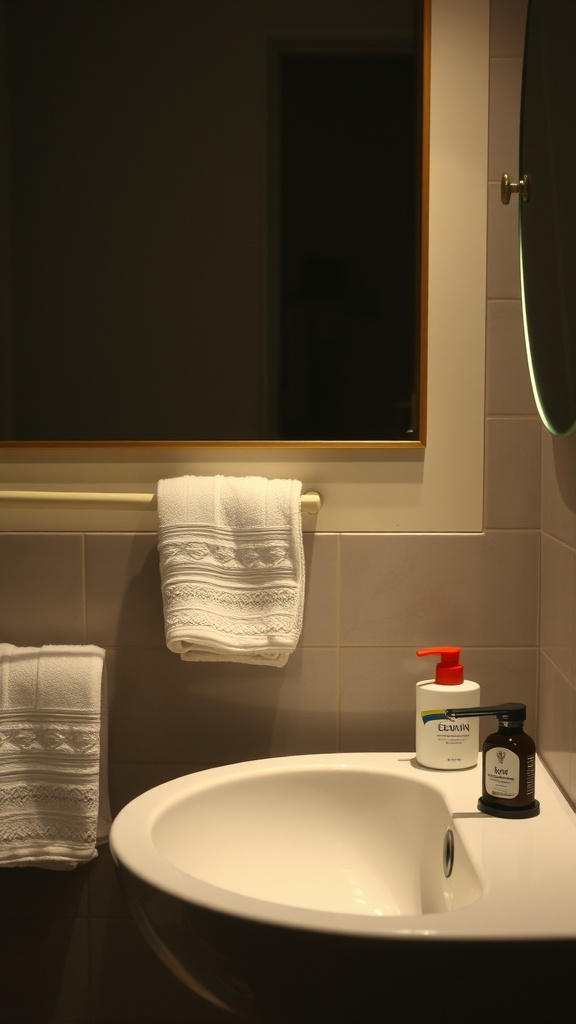 A serene bathroom setup with a sink, towels, and skincare products.