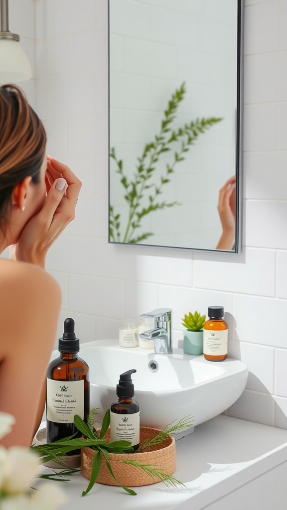 A person performing a gentle cleansing ritual in a serene bathroom setting with skincare products on the countertop.