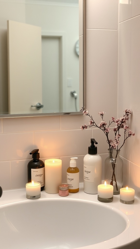 A soothing bathroom setup with candles and skincare products, promoting a relaxing cleansing ritual.
