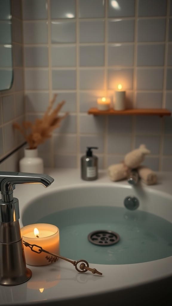 A cozy bathroom scene with a bathtub filled with water, lit candles, and a calming atmosphere.