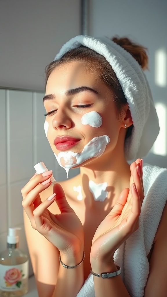 A person with a foamy cleanser on her face, enjoying a cleansing ritual in a softly lit bathroom.