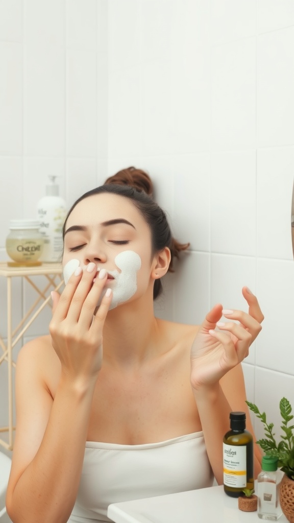 A young woman applying a gentle cleanser to her face in a bright bathroom setting.
