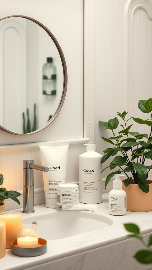 A serene bathroom scene featuring skincare products, plants, and candles for a calming atmosphere.