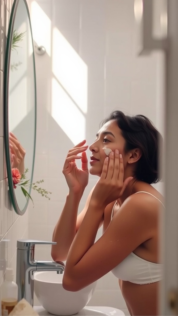 A woman gently cleansing her face in the bathroom mirror, with soft morning light illuminating the space.