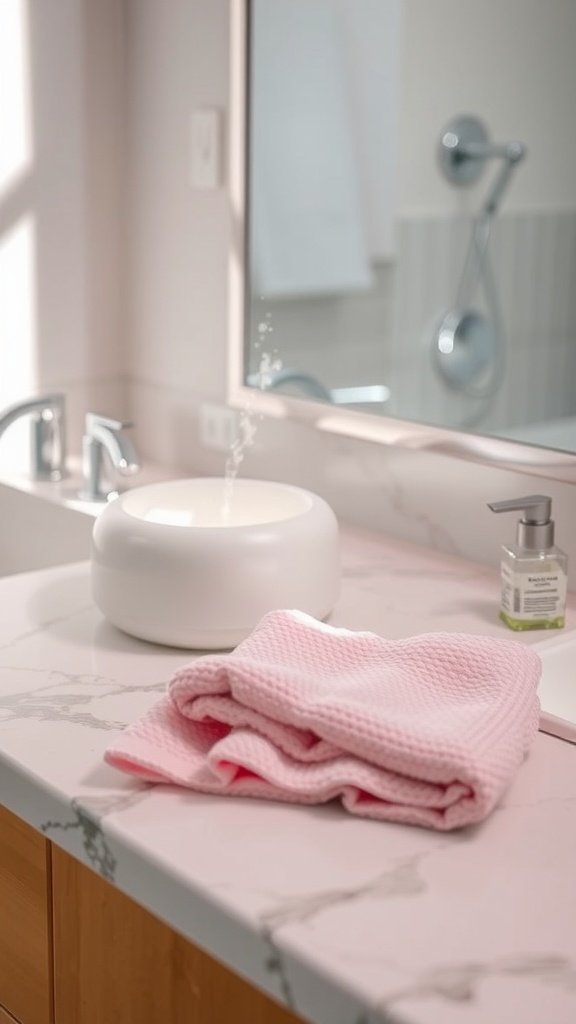A serene bathroom scene with a white bowl, a pink towel, and a gentle cleanser, illustrating a gentle skincare routine.