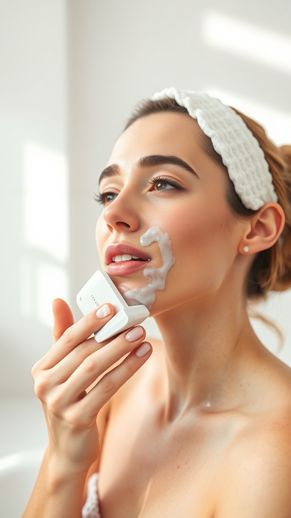 A young woman using a foamy cleanser on her face with a cleansing device.