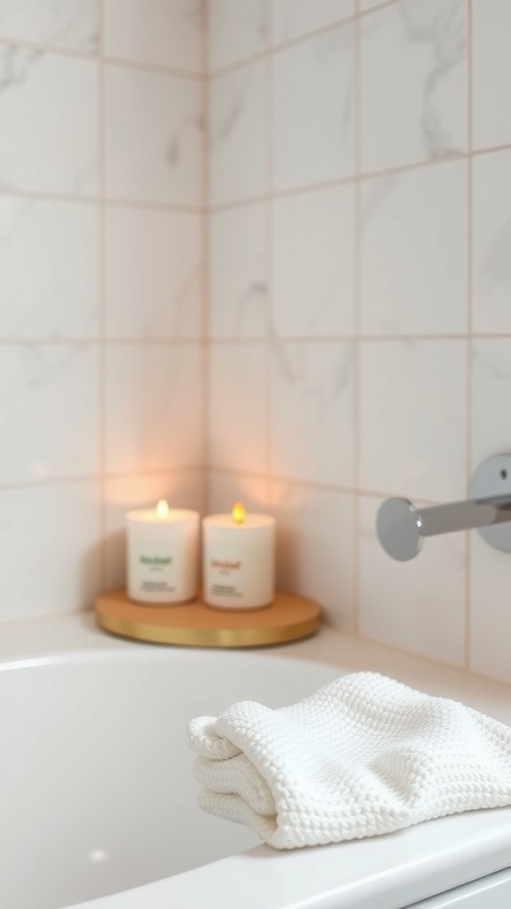 A cozy bathroom setting with a towel and candles, suggesting a relaxing skincare routine.