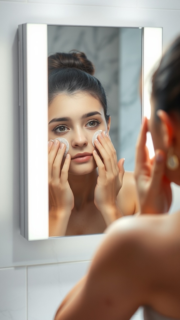 A person using a cotton pad to cleanse their face in front of a mirror.