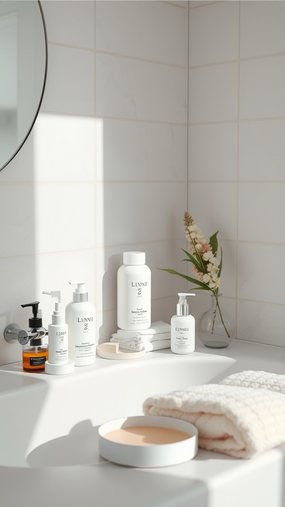 A serene bathroom setting with various skincare products, emphasizing gentle cleansing techniques.