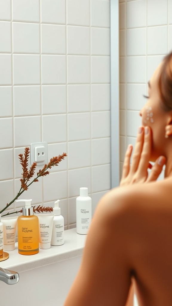A person applying skincare products while looking in a bathroom mirror, emphasizing gentle cleansing techniques.