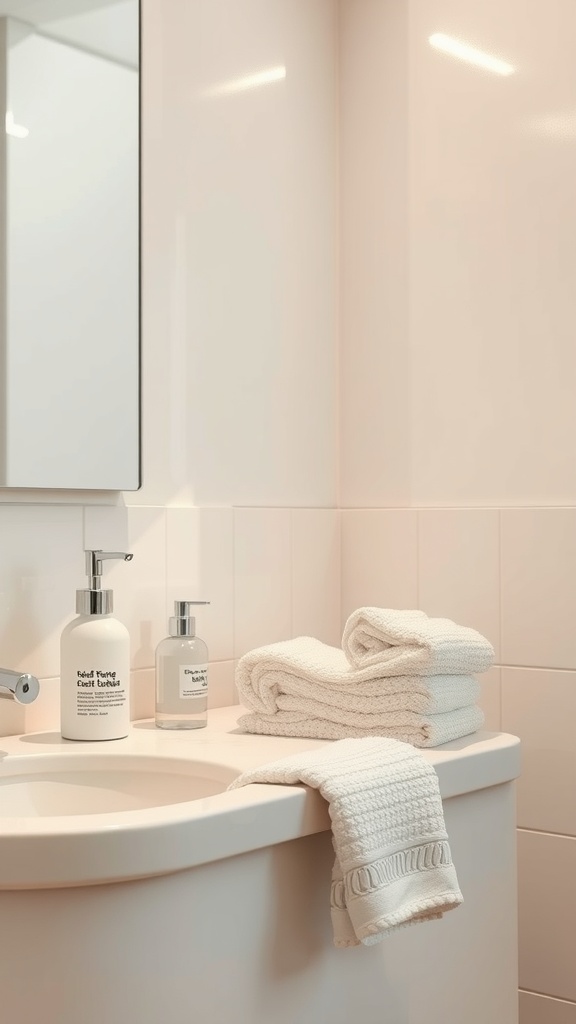 A calm bathroom with white towels and gentle skincare products on the sink.