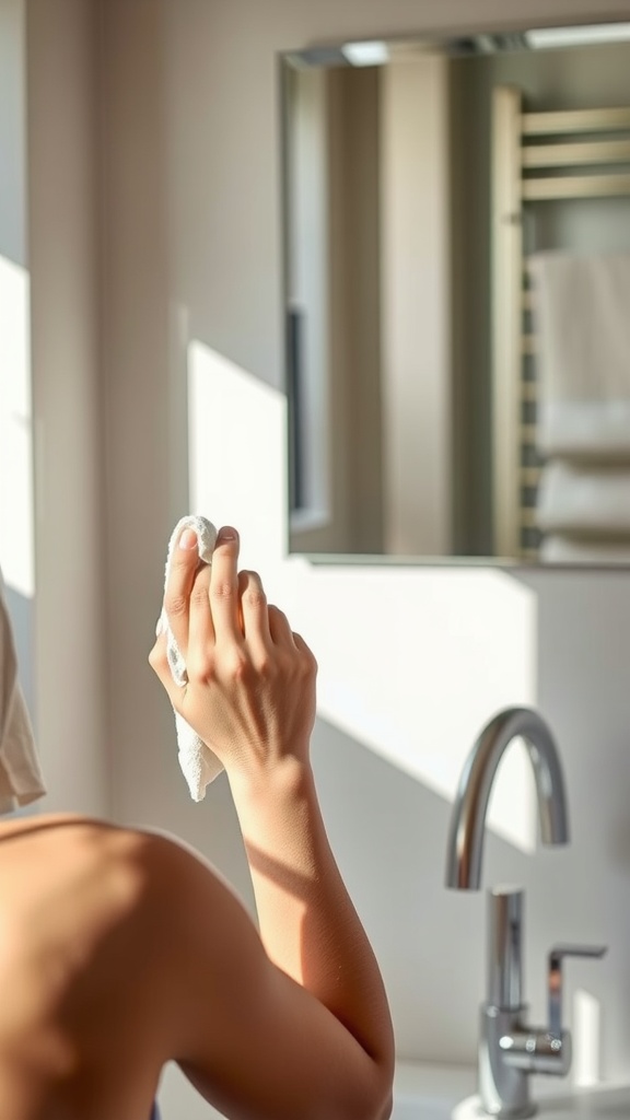 A person gently cleansing their face with a soft cloth while looking in a mirror.