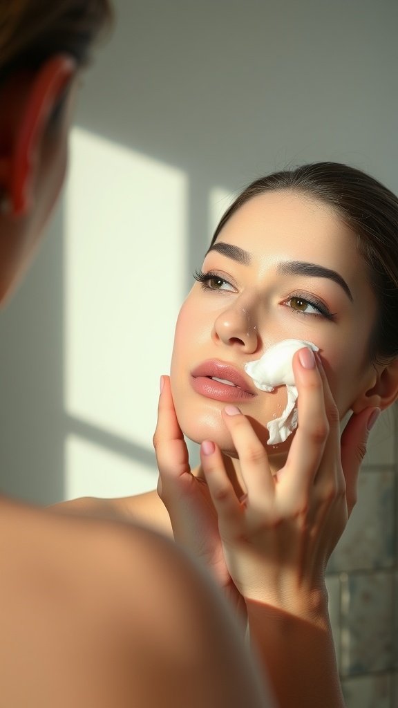 A woman gently applying cleanser to her face while looking in a mirror.