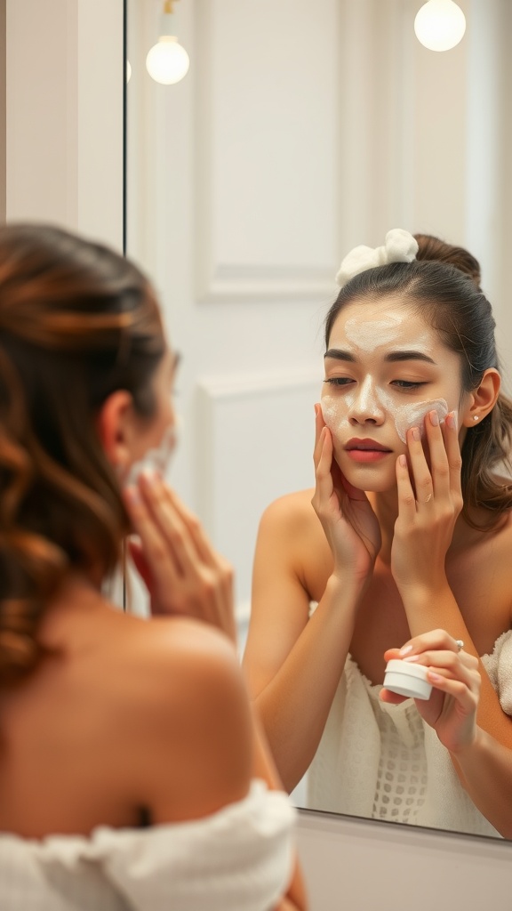 A young woman applying cleanser to her face in front of a mirror, demonstrating gentle cleansing techniques for skincare.