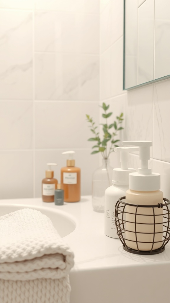 A serene bathroom setting featuring neatly arranged skincare products and a soft washcloth, promoting a calm cleansing routine.