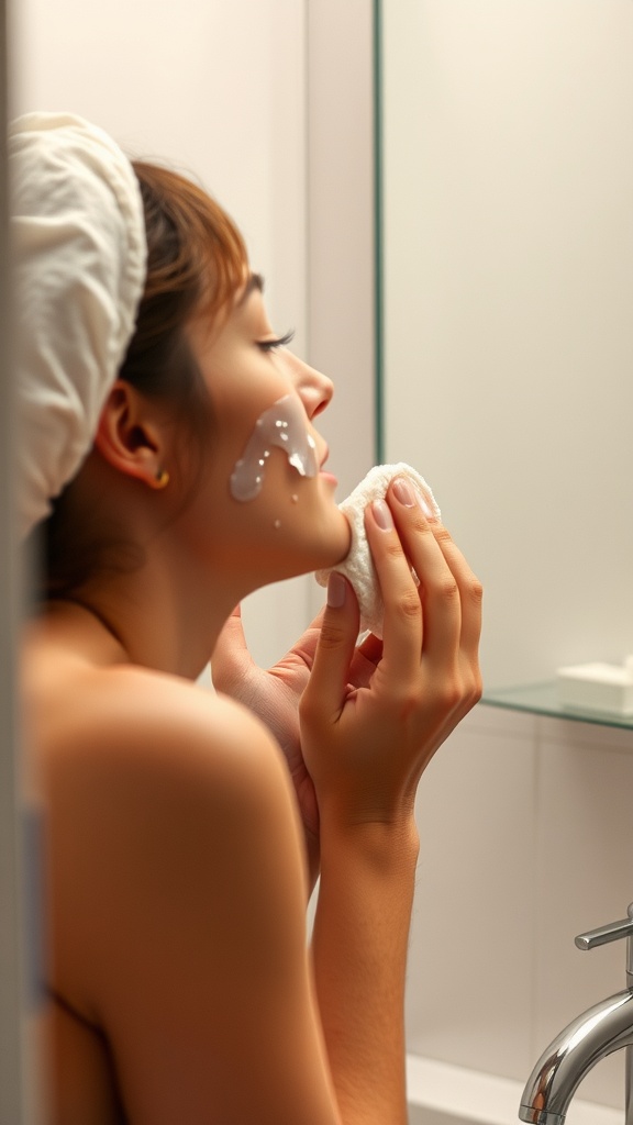 Woman gently cleansing her face with a soft cloth and cleanser in a bathroom